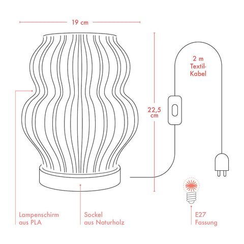 Technische Zeichnung der Tischlampe Pæra mit Maßangaben
